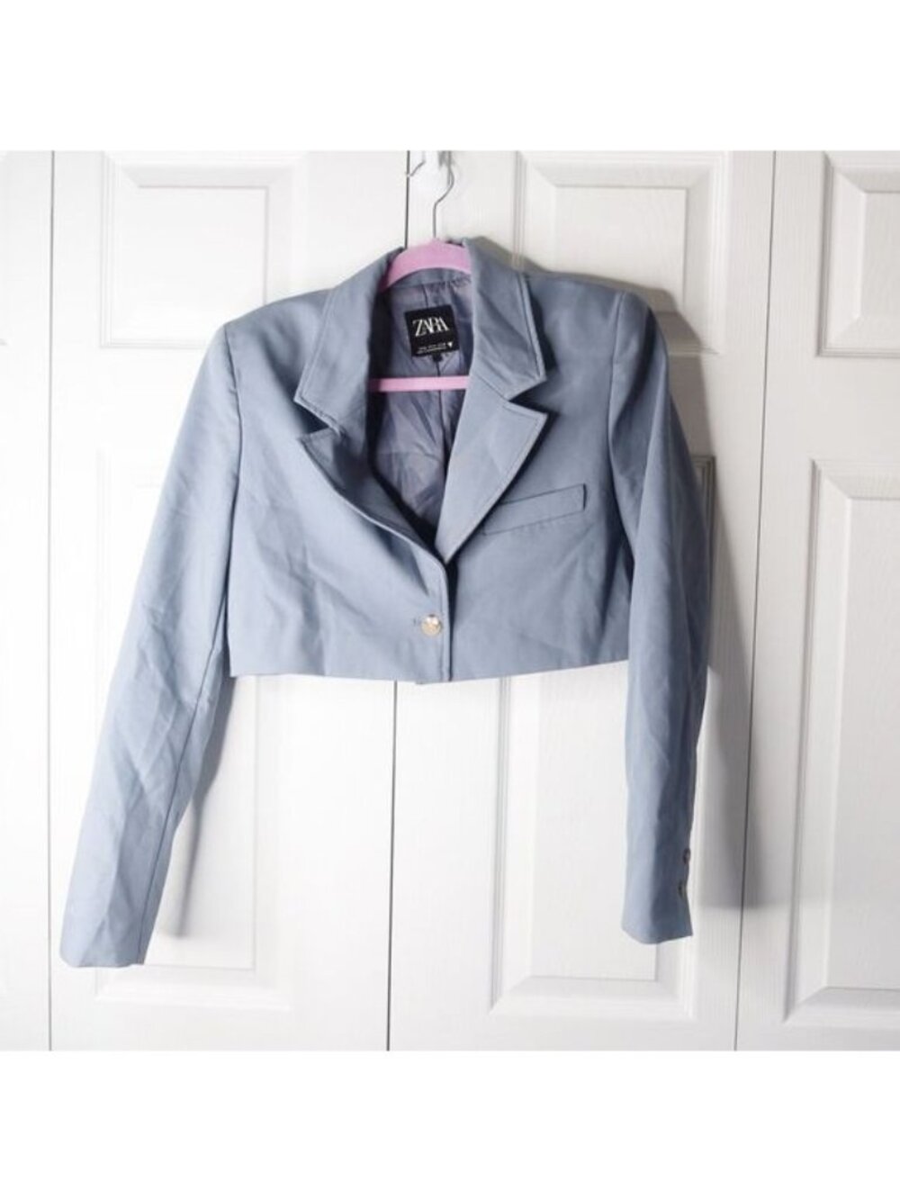 Zara Blue Single Breasted One Button Crop Blazer Jacket Women's Size Medium M
